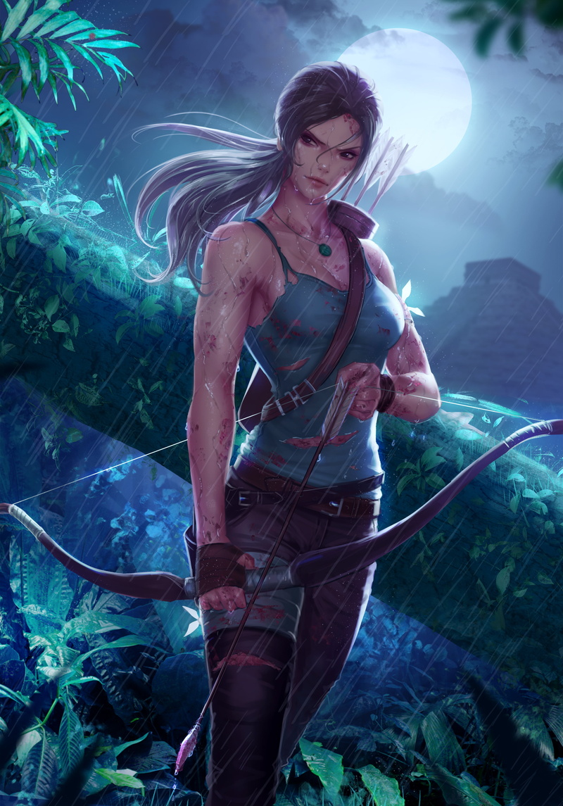 video games, drawing, vertical, Zarory, Lara Croft, fan art, video game characters, Tomb Raider, jungle, 4K, rain, illustration, arrows, digital art, moonlight