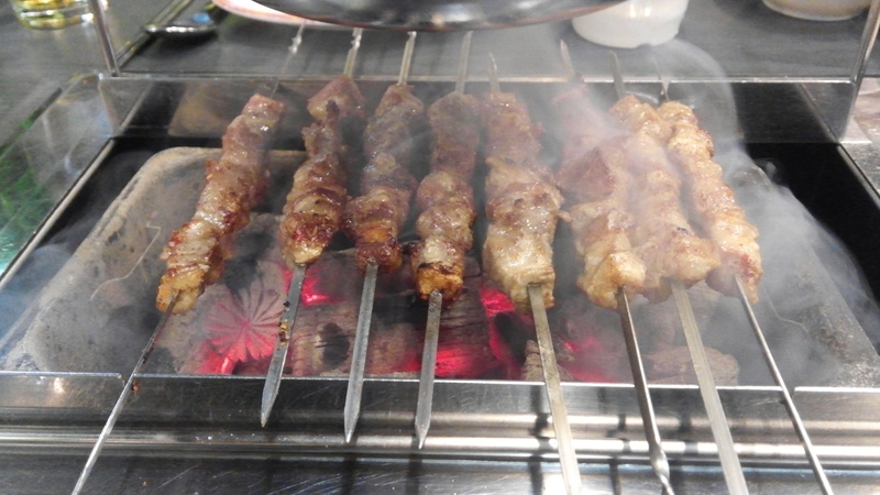 skewers, meat, day, high angle view, barbecue grill, grilled, smoke - physical structure, street food, spit, snack, ready-to-eat, skewer, peoples republic of china food