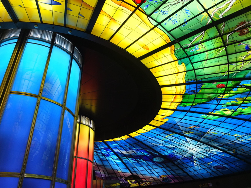 2K, glass - material, modern, taiwan, pattern, stained glass, design, ceiling, architecture, lighting equipment, multi colored, day, city, painted, wikiproject taiwan