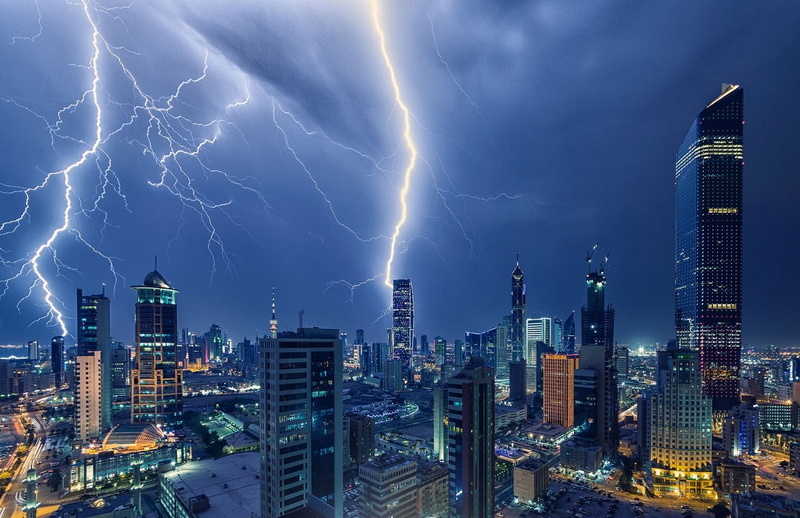 lightning, city, architecture, outdoors, sky, cityscape, building, no people, landscape, storm, cloud - sky, photography landscape lightning storm skyscraper architecture building lights night kuwait city