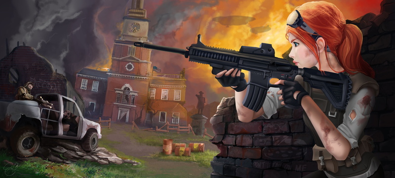 monument, jeep, barrels, art, smoke, gloves, soldiers, pigtail, red, figure, glow, mansion, Homefront: The Revolution, girl, weapons, 5K, glasses, Independence Hall