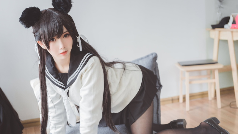 bent over, women, school uniform, pantyhose, 4K, Asian, Zelizer Mbxer, animal ears, cosplay