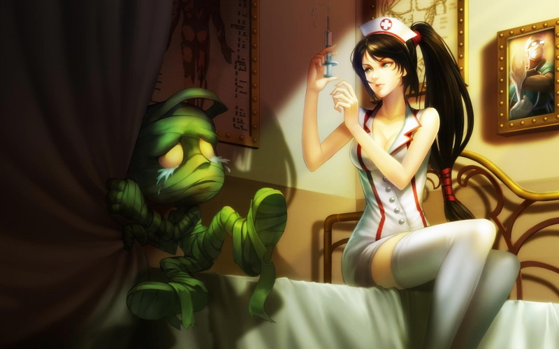 artwork, Amumu, Akali, League of Legends, nurse outfit, 2K
