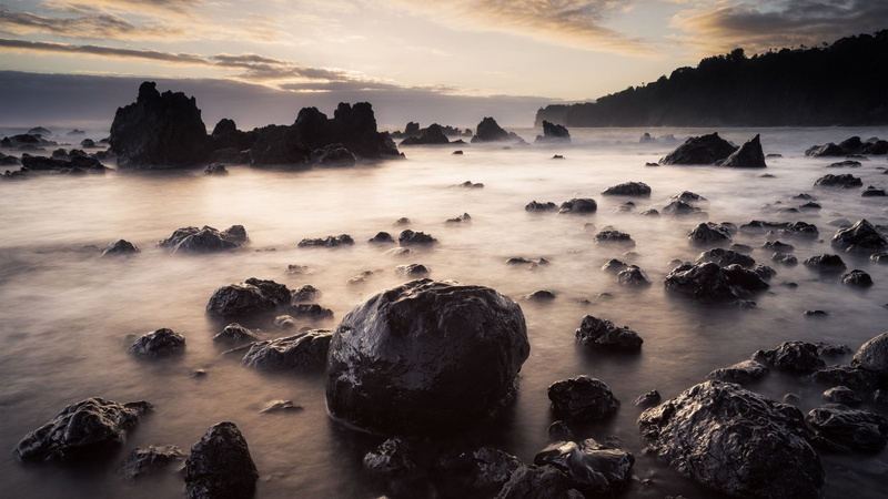 rock, sunset, sky, outdoors, Brian Matiash, dusk, motion, solid, 1080P, land, water, no people, nature, beauty in nature, long exposure, sea, tranquil scene