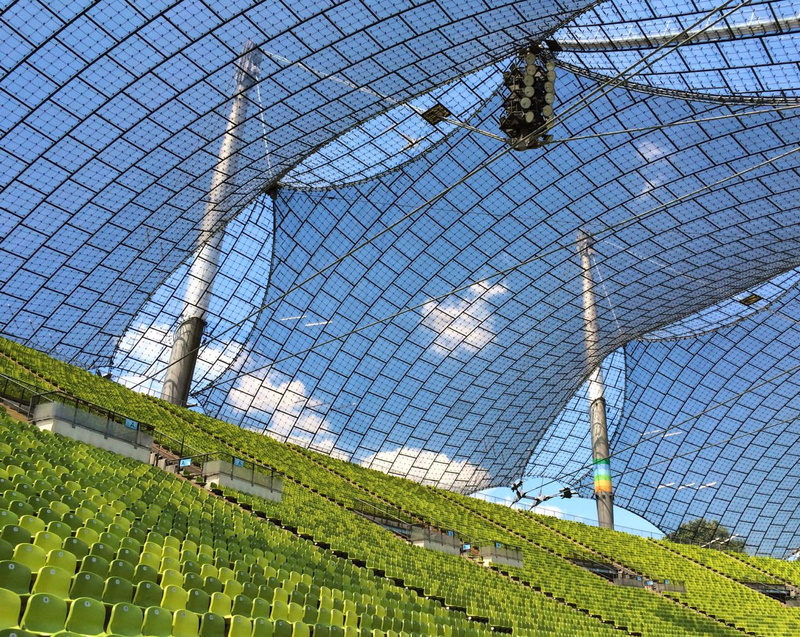 grass, sky, security, soccer, munich, blue, plant, architecture, barrier, green, chainlink fence, built structure, low angle view, stadium, field, sport