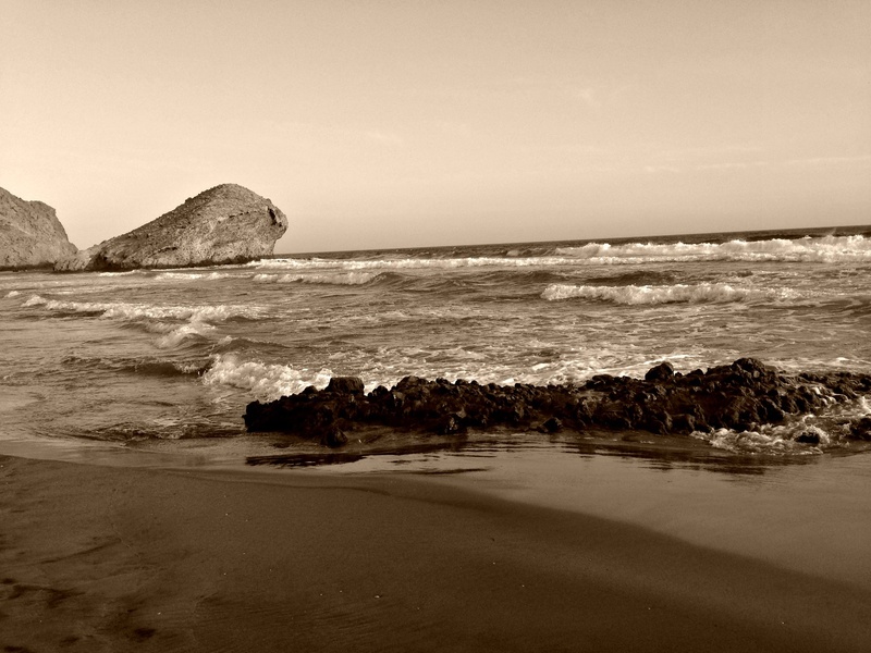 horizon, black And White, rock - Object, beach, coastline, rock, solid, sea, sunset, water, tranquility, cabo de gata, motion, no people, sand, land, landscape