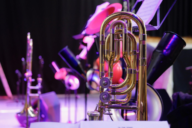 stage, trumpet, focus on foreground, 4K, wind instrument, arts culture and entertainment, brass instrument, brass, musical equipment, equipment, music