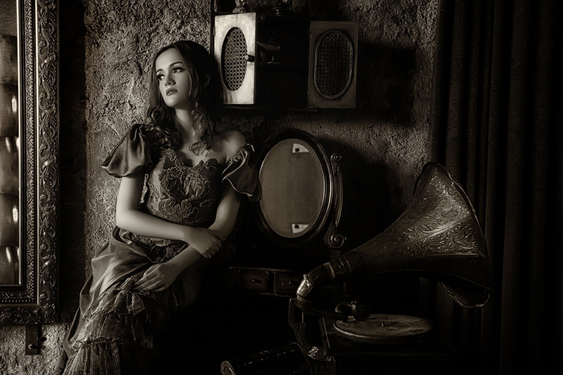 woman, real people, girl, hairstyle, fashion, beautiful woman, trombone, front view, young adult, old, dress, adult, retro styled, home interior, lifestyles