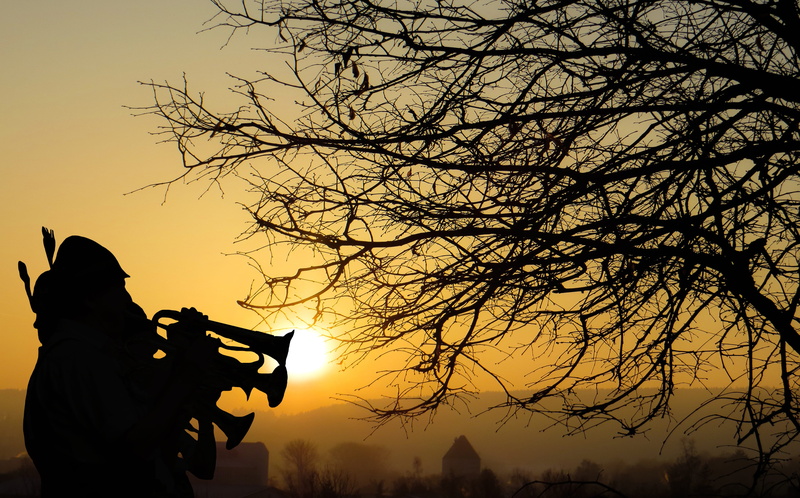 weapon, lifestyles, two, orange color, beauty in nature, trombone, landscape, architecture, tree, photo, wind, brass band, dawn, outdoors, activity, real people