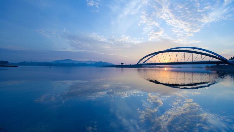 clouds, beautiful, reflections, concrete, bridge, nature and landscapes, 1080P, silouette, arch, malaysia, putrajaya