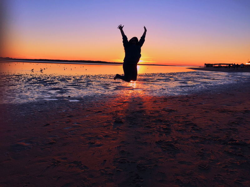 beach sunset, sea, standing, jump for joy, orange color, summertime, nature, relaxed, beach, oregon, real people, limb, 2K, silouette, sand, silhouette