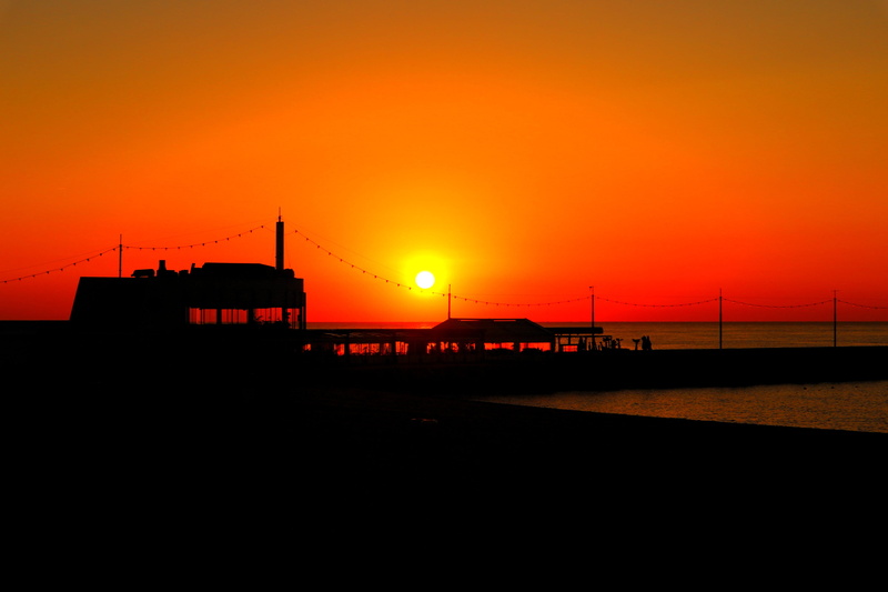 pavelló de la mar bella, sunrise, orange, architecture, built structure, orange color, 4K, cloud - sky, sunset, water, silhouette, connection, copy space