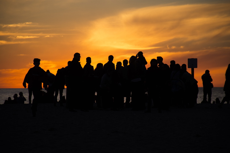 santa monica, orange color, men, sky, united states, togetherness, land, silhouette, sunset, silouette, cloud - sky, leisure activity, nature, standing