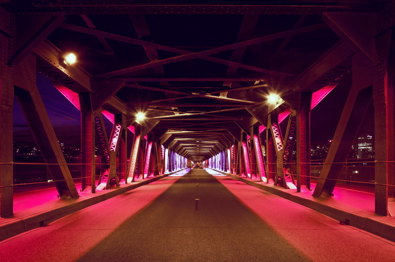 long, night, transportation, architecture, high level bridge, edmonton, architectural column, ceiling, 4K, connection, light, no people, illuminated, vanishing point
