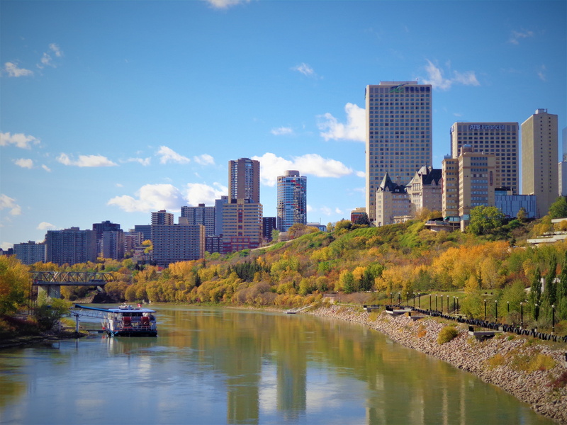 tall - high, alberta, day, canada, blue, financial district, autumn, skyline, nautical vessel, sky, edmonton, waterfront, cityscape, trees, architecture