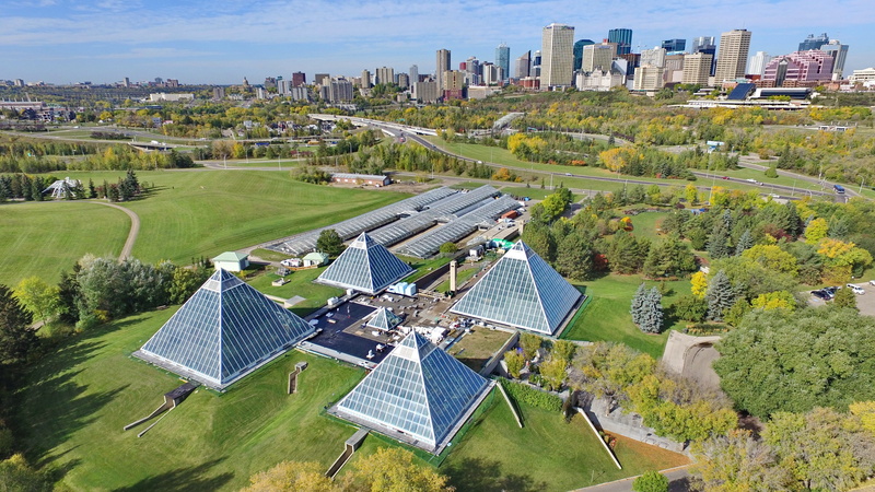 canada, no people, aerial, technology, solar energy, fuel and power generation, city, muttart conservatory, solar panel, alternative energy, edmonton, drone