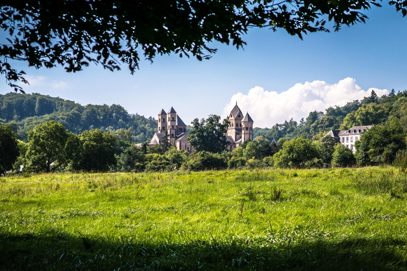 land, field, god, religion, built structure, maria laach, outdoors, son of god, architecture, christian, abbey, christianity, monastery, resurrection, meadow