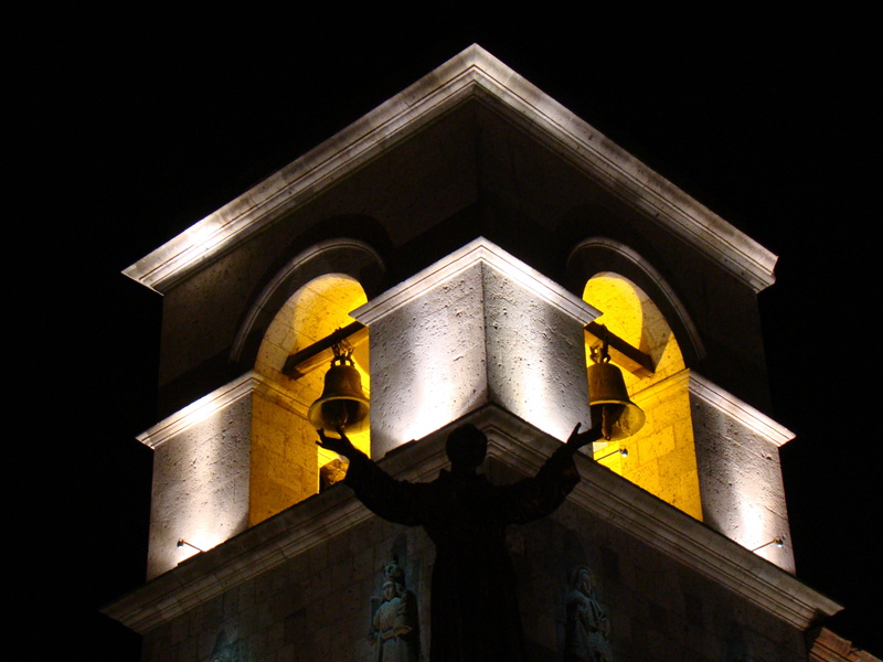 church, 2K, building exterior, illuminated, safety, tower, no people, hope, steeple, nature, belief, built structure, sign, outdoors, arequipa, low angle view