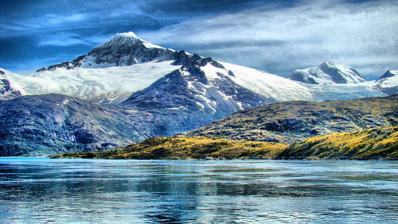 straight, ocean, chile, nature, landscapes, patagonia, tierra, blue, mountains, water, yellow, white, snow, 720P, sea, fuego