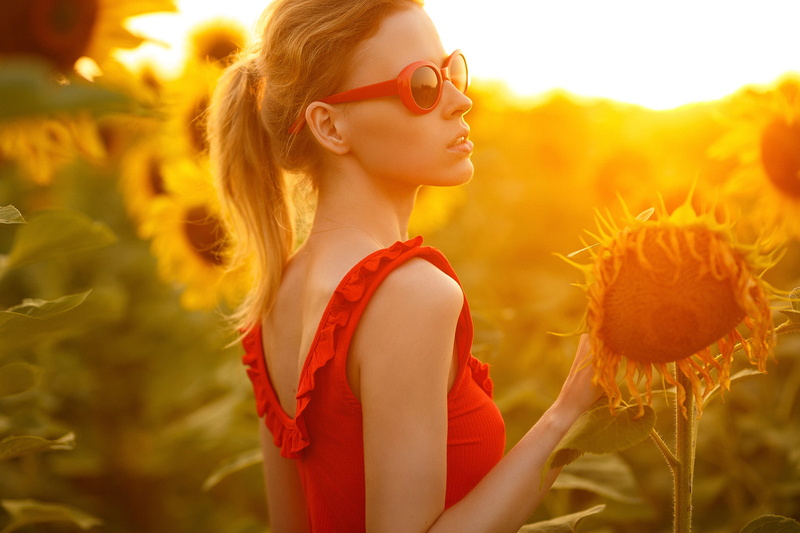 plant, glasses, ponytail, happiness, women with shades, sunset, nature, hairstyle, young women, adult, outdoors, yellow flowers, sunflowers, beautiful woman