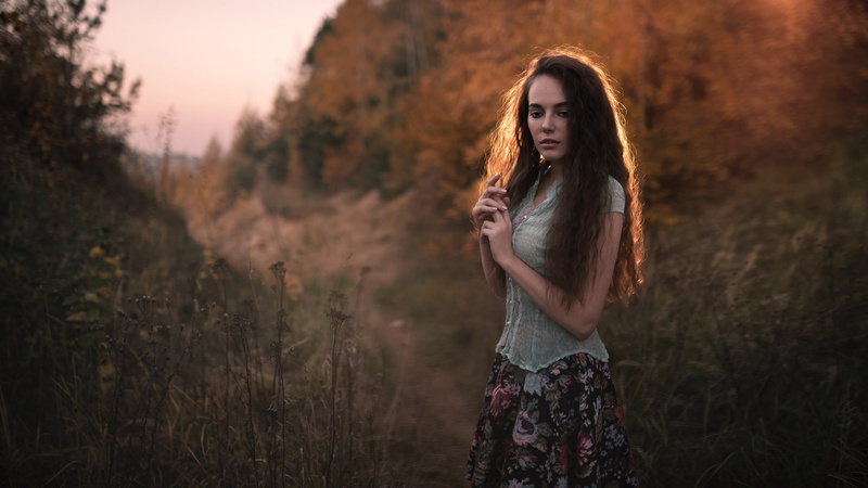 grass, looking away, depth of field, 1080P, forest, portrait, backlighting, long hair, trees, brunette, outdoors, model, photography, blouses, skirt, women