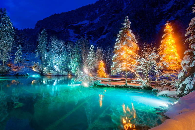 landscape, winter, the evening, backlight, nature, snow, Nature Park, Blausee, 1080P, Switzerland, Blau, lake, trees