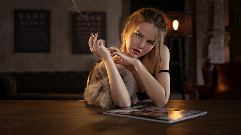 red lipstick, fur, table, red nails, looking away, cigarettes, smoke, Sergey Fat, women, Kristina Yakimova, 1080P, portrait