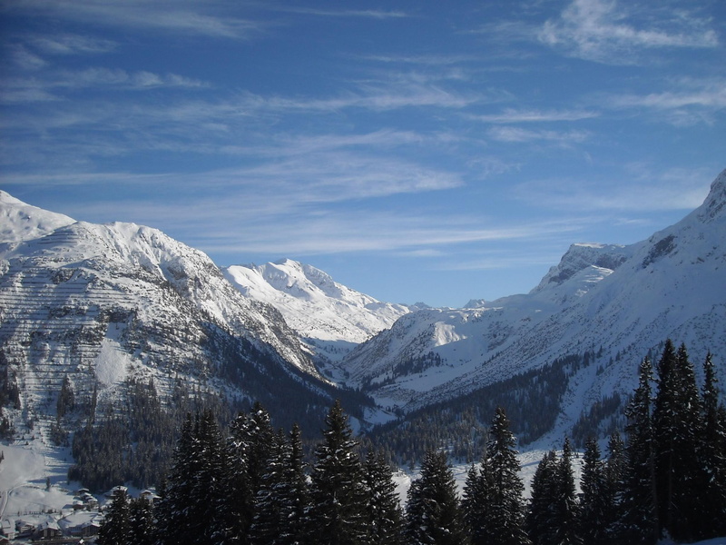 woods, snow, rock, maountain, skiing, firs, trees, beautiful, white, covered, 3d and abs, mountain, austria, fir tree, blue, view, 1080P, mountains
