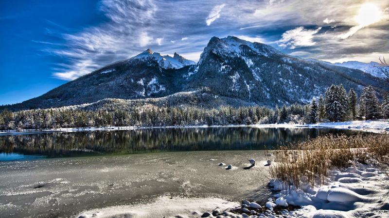 lscape, clouds, beautiful, mountains, nature, winter landscape, cold, lake, 3d and ab, 1080P, frozen, winter