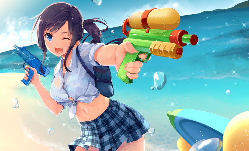 4K, beach, water guns, skirt, anime girls, original characters, anime