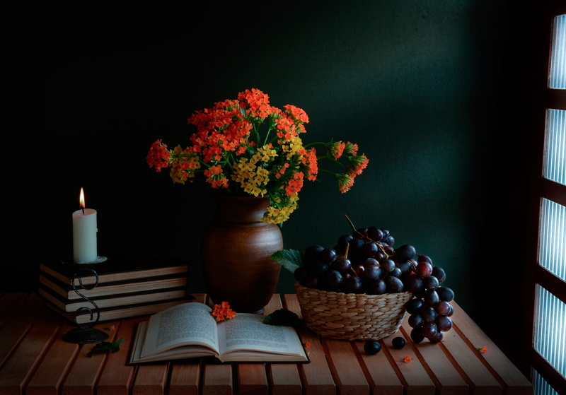 1080P, grapes, bouquet, candle, still life, books, A guiding light