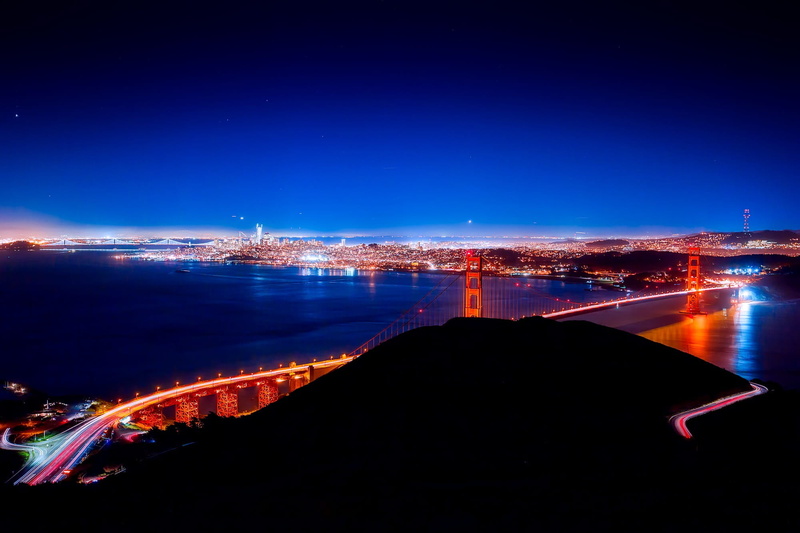 evening, lights, copy space, long exposure, city life, golden, bay, harbor, time, city, architecture, no people, connection, built structure, california