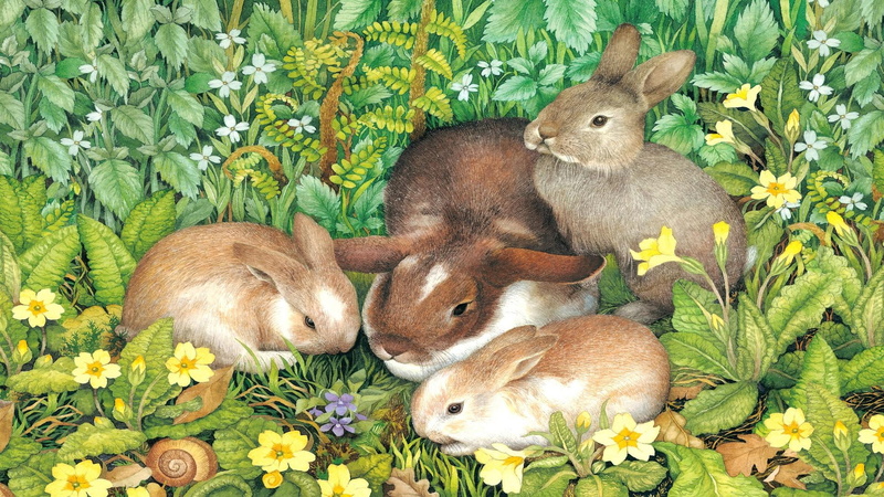 primroses, rabbit, 1080P, violets, spring, bunnies, rabbits, flowers, painting