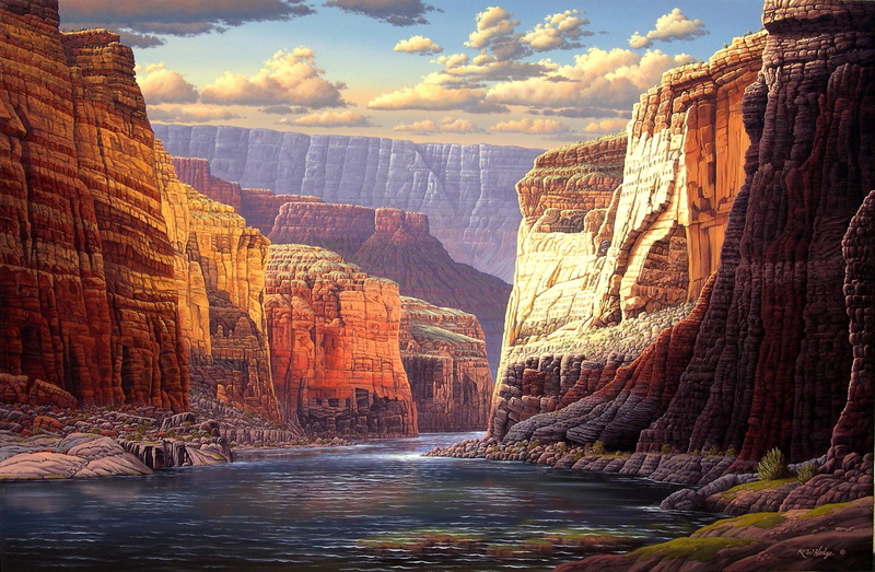 sunlit, painting, river, walls, sunlight, 1080P, canyon, nature and landscapes, clouds