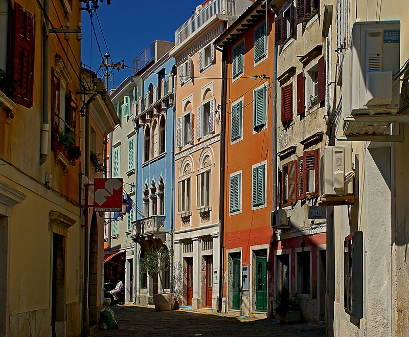 nature, narrow street, sunlit, city, building, old buildings, residential district, building exterior, window, facades of houses, sky, house, architecture