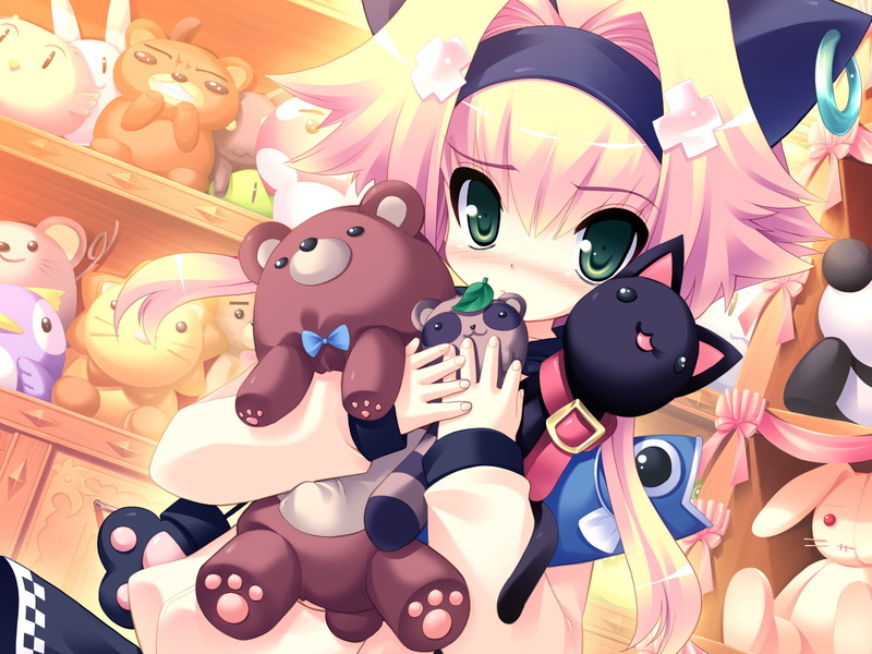 game, cat, eyes, tsurugi, loli, blush, ears, trouble, oaklane, blonde, hagane, primary, bear, hair, scramble, animal, rina, prim, 720P, green, magical