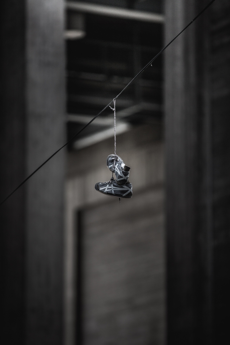 day, 5K, selective focus, close-up, sneaker, shoe, lighting equipment, pair, no people, asics, building, white, urban, ceiling, hanging, street, wall - building feature