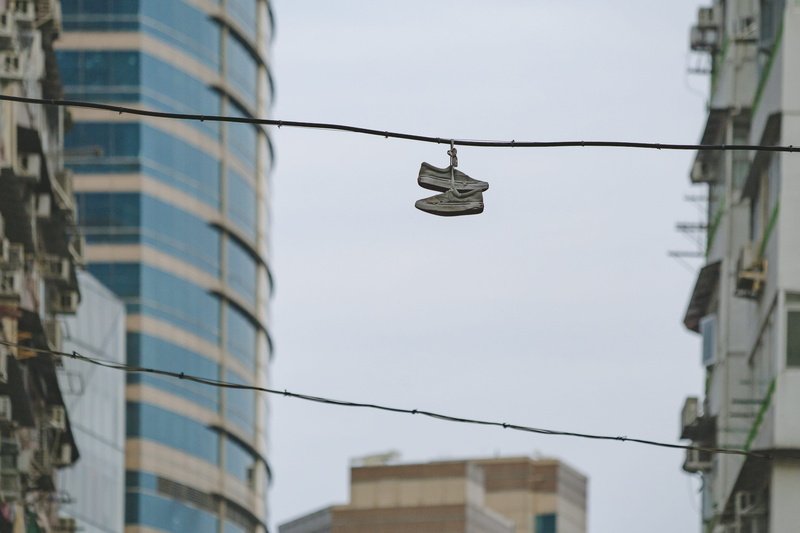 buildings, hanging, day, tower, low angle shot, building exterior, building, wire, nature, no people, sky, built structure, wires, electric, connection