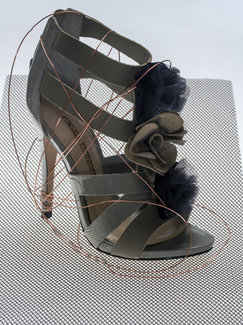 no people, indoors, womens shoes, brown, metal, personal accessory, high heeled shoe, design, table, still life, shape, textile, leather, nature, wire