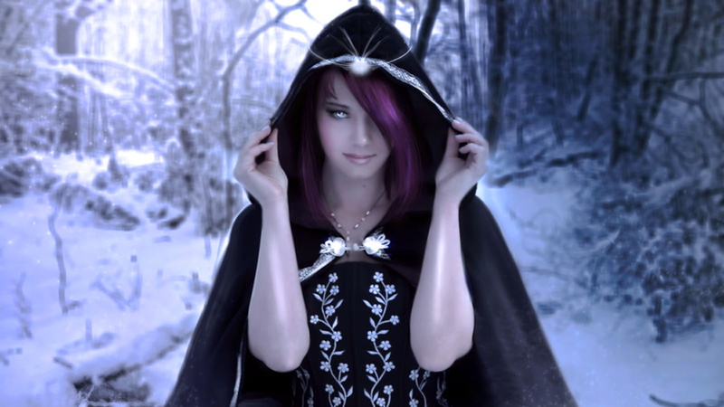 standing, adult, looking at camera, winter, women, hairstyle, tree, young adult, one person, focus on foreground, clothing, witch, portrait, land, hood - clothing