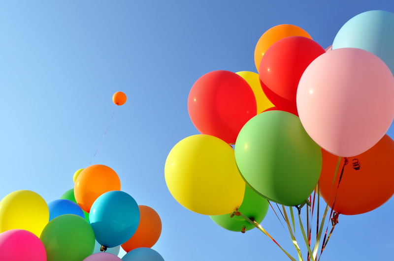 vibrant Color, yellow, fun, event, wind, clear sky, colors, mid-Air, nature, low angle view, balloon, birthday, blue, green Color, helium balloon, assorted