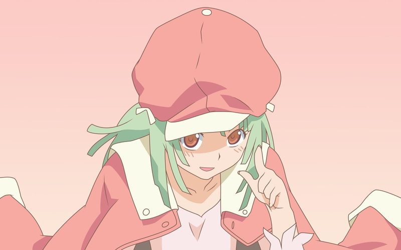 character, female, green, long, 1080P, red, anime, haired, 1920x1200, bakemonogatari, wearing, cap