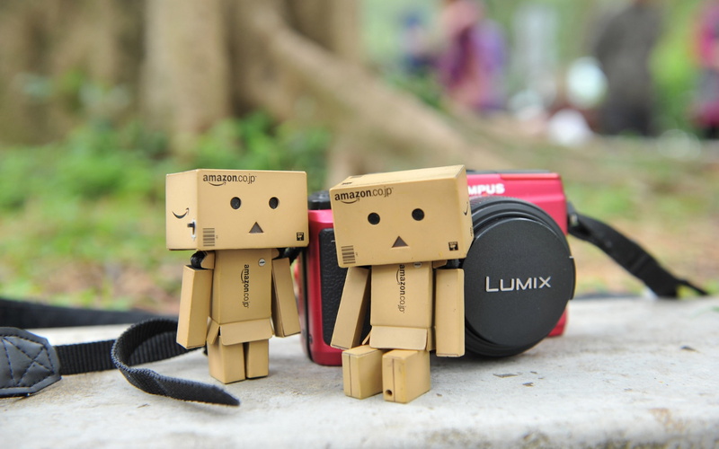 cardboard robots, lumix, western script, camera, focus on foreground, danboard, day, plastic, text, black, communication, close-up, 2K, no people, selective focus