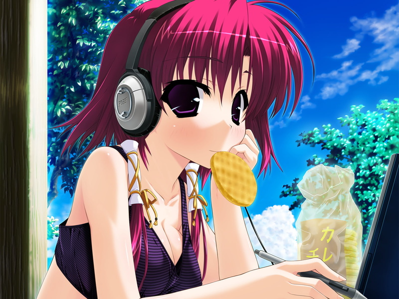 purple, game, clochette, amatsumi, 720P, short, hitotsubashi, shintaro, headphones, hair, cleavage, sora, food, kanna, eyes