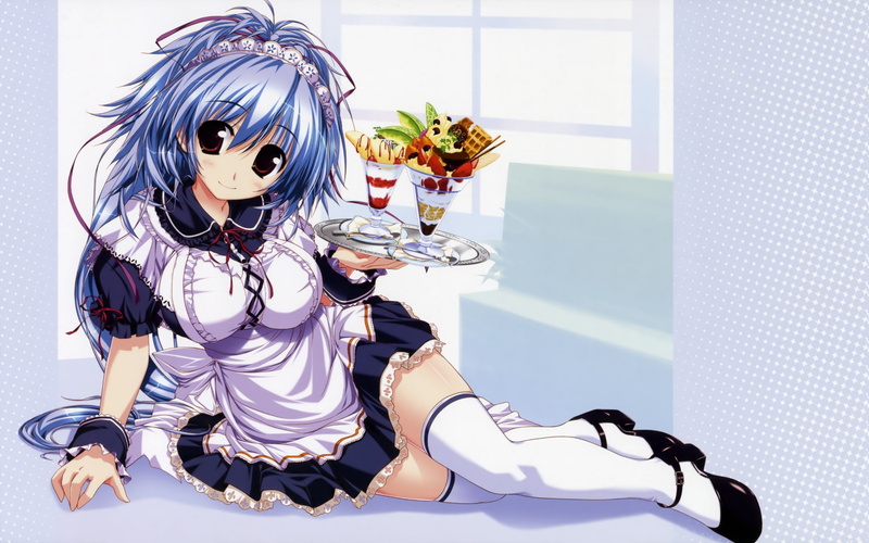 hitoshi, thighhighs, minato, waitress, blue, suzunone, hair, 1080P, long, eyes, brown, ponytail, oshiki, clochette, mitsumine