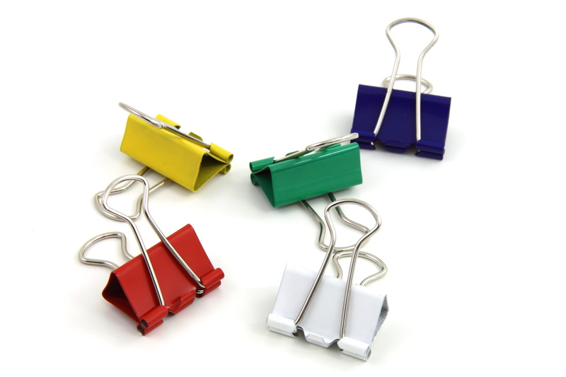 group of objects, indoors, color, still life, personal accessory, Metal, red, paper clip, equipment, assorted, stapler, green, day, white background, office