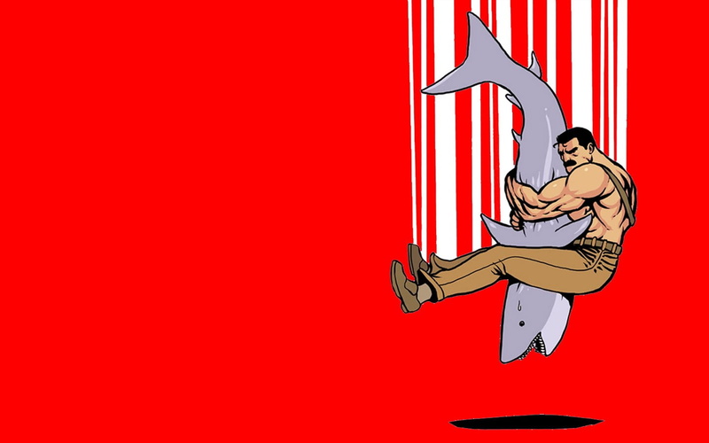 holding, copy space, dancing, clothing, lifestyles, healthy lifestyle, red, cartoon, red background, 720P, shark, motion, one person, young adult, man