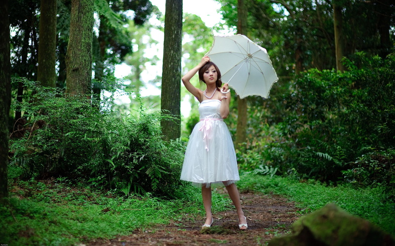 standing, model, young adult, full length, beautiful woman, protection, clothing, land, women, security, pearl necklace, white dress, rain, holding, one person