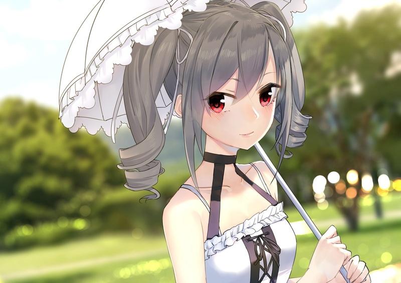 day, Ranko Kanzaki, fashion, Red Eyes, looking at camera, front view, hairstyle, clothing, Anime, focus on foreground, beauty, portrait, 1080P, mask, Umbrella