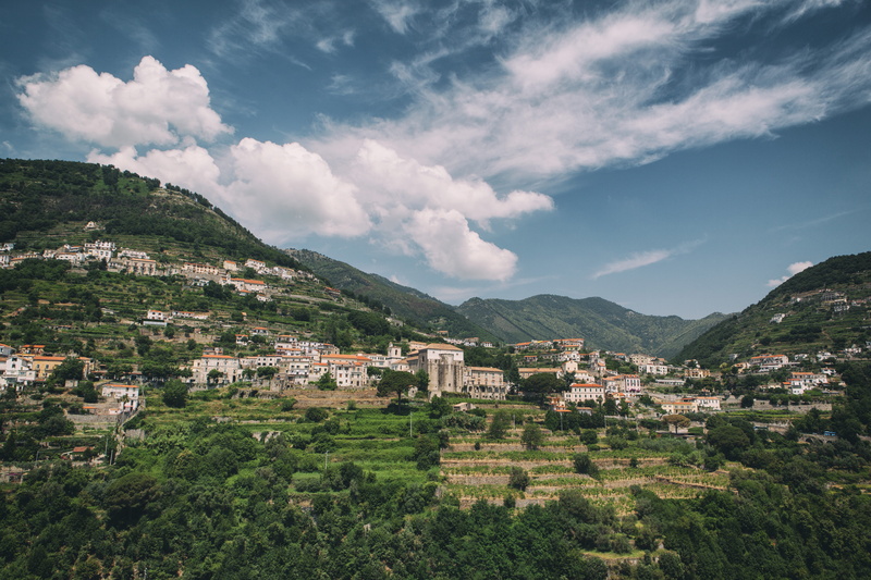 small, coast, mountain, built structure, scenics, residential district, Southern Italy, outdoors, 4K, sky, green Color, day, city, cloud - sky, vineyard